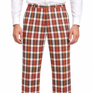 Mens 36 Red Green Madras Plaid Cotton Straight Fit Dress Pants Trousers Handmade